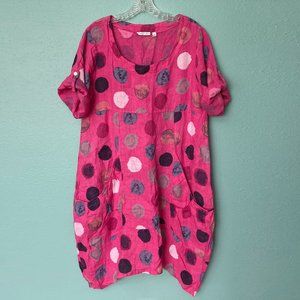 Vasna Polka Dot Linen Shark Bite Oversized Lagenlook Dress